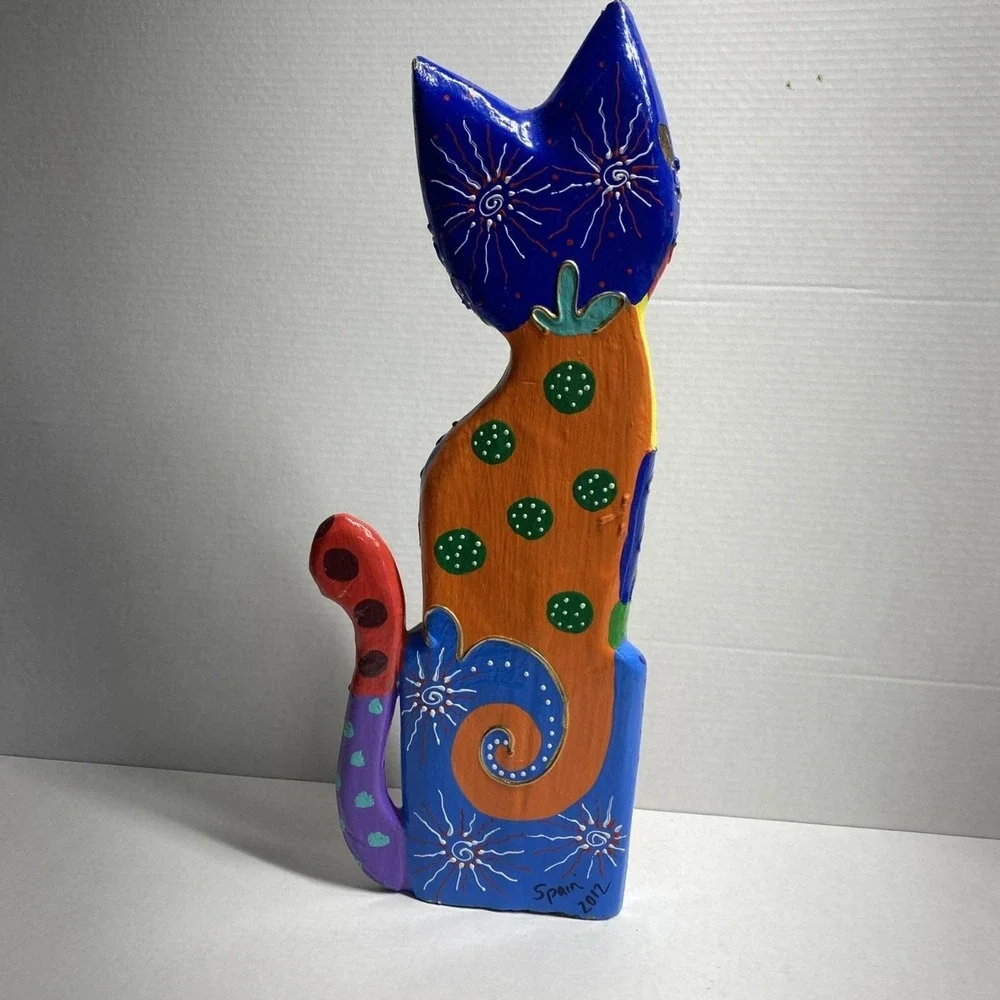 Hand-Painted Wooden Cat Figure Multicolor Folk Art Sculpture - Picture 2 of 14